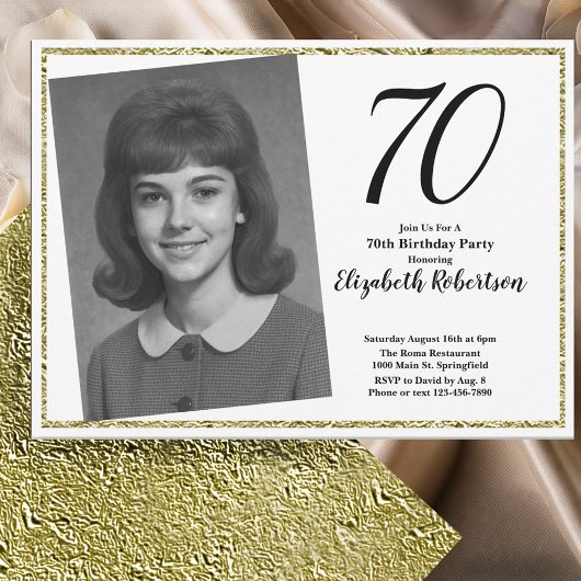 Invitation 70e photo personnalisée Blanc et Or