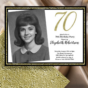 Invitation 70e Photo personnalisée Blanc Noir et Or