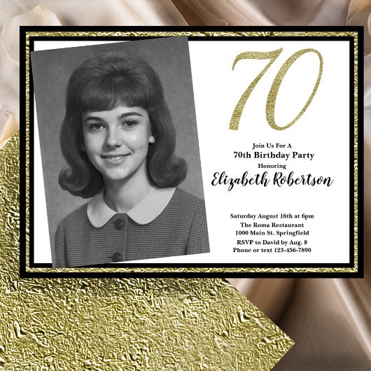 Invitation 70e Photo personnalisée Blanc Noir et Or