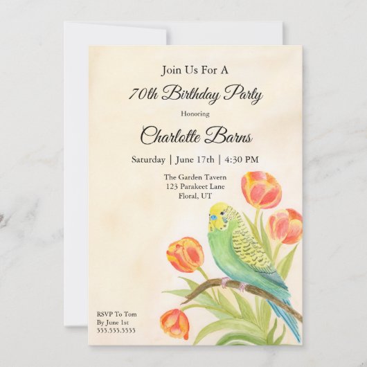 Invitation 70th Birthday Party Parakeet with Tulips  (Devant)