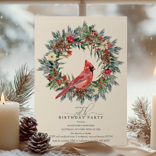 Invitation 70th Birthday Party Red Cardinal Winter Wreath