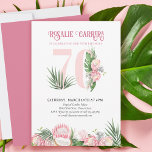 Invitation 70th Birthday Party Tropical Pink Protea Numéro 70<br><div class="desc">70ème anniversaire invitation avec numéro 70 décoré de feuilles de palmiers tropicaux, fleurs de protéa rose et une noix de coco. Design féminin et élégant subtil avec des arrangements floraux aquarelles dans les tons rose et vert. Parfait pour fêter les 70 ans, la fête du luau ou le garden tea...</div>