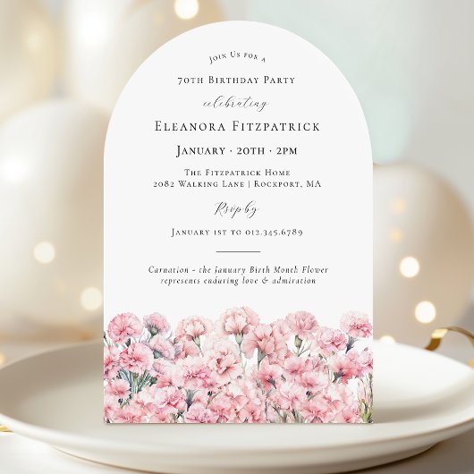 Invitation 70th Birthday Pink Carnation January Birth Flower