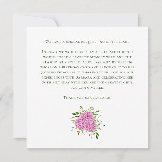 Invitation 70th Birthday Pink Hydrangeas Card Request  (Dos)