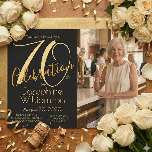 Invitation 70th Celebration Photo Black Gold 70th Birthday