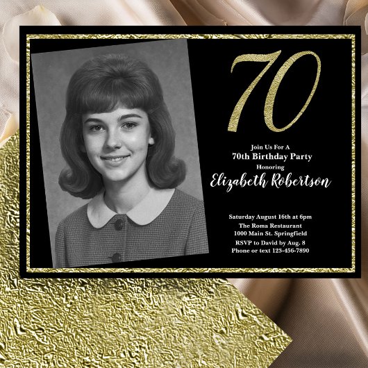 Invitation 70th Custom Photo Black and Gold