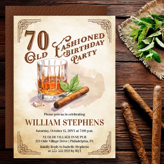 Invitation 70th Old Fashioned Whiskey Cigar Birthday Party