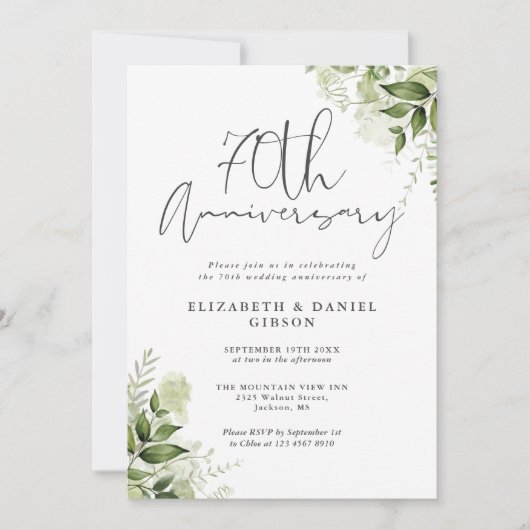 Invitation 70th Wedding Anniversary Greenery Floral (Devant)