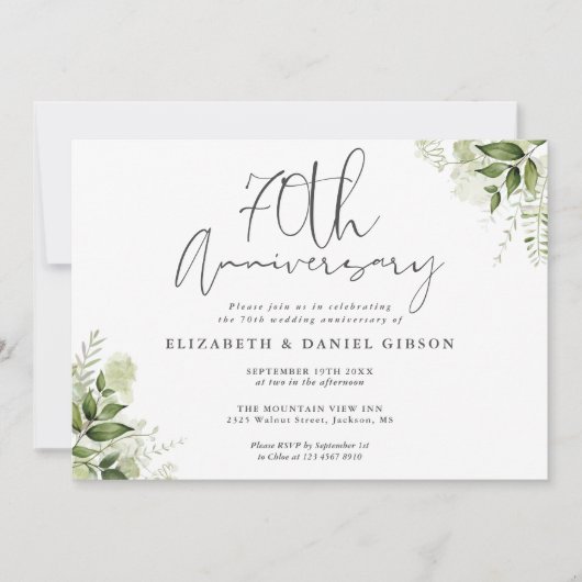 Invitation 70th Wedding Anniversary Greenery Floral (Devant)