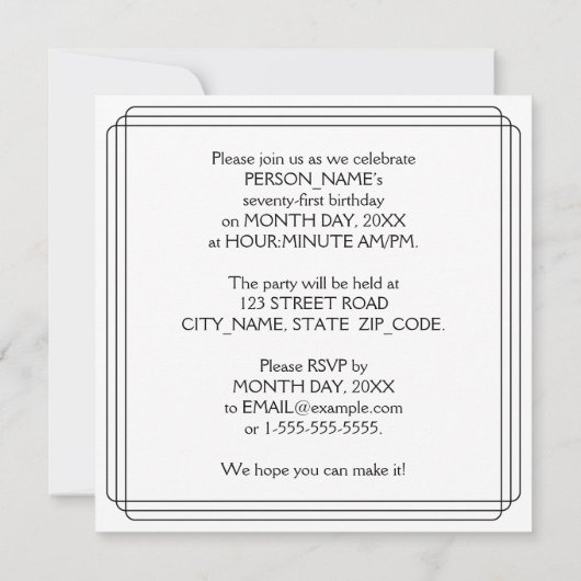 Invitation 71e fête d'anniversaire : Art Déco Style avec nom  (Dos)