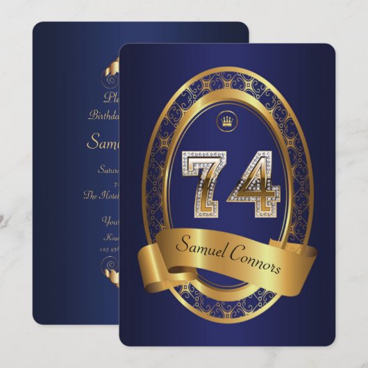Invitation 74e anniversaire, homme de fête, couleur élégante (Devant / Derrière)
