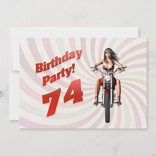 Invitation 74ème anniversaire avec une fille sur une moto (Devant)