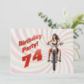 Invitation 74ème anniversaire avec une fille sur une moto (Debout devant)