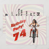 Invitation 74ème anniversaire avec une fille sur une moto (Devant / Derrière)