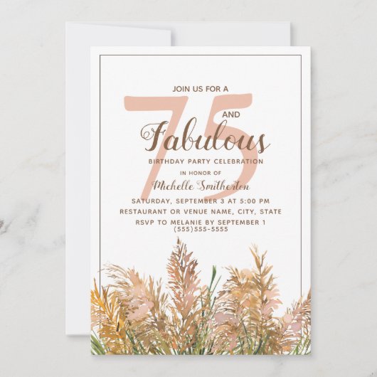 Invitation 75 Fabuleux Pampas Grass sur Blanc Anniversaire (Devant)