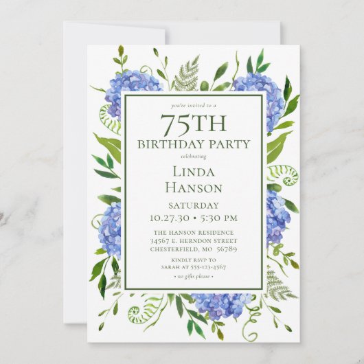 Invitation 75e anniversaire Blue Hydrangeas (Devant)