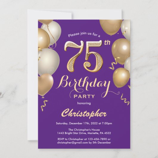 Invitation 75e anniversaire Confetti de ballons violet et or (Devant)