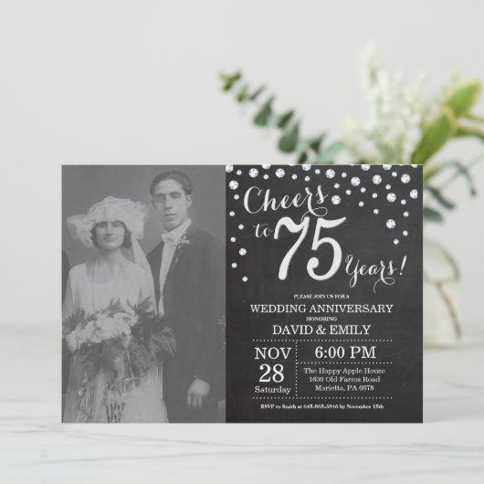 Invitation 75e anniversaire de mariage tableau noir argent (Debout devant)