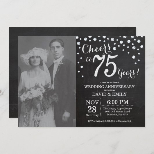Invitation 75e anniversaire de mariage tableau noir argent (Devant / Derrière)