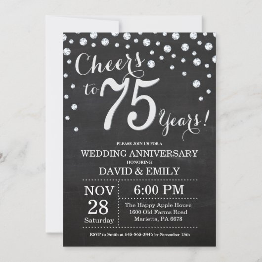 Invitation 75e anniversaire de mariage tableau noir argent (Devant)