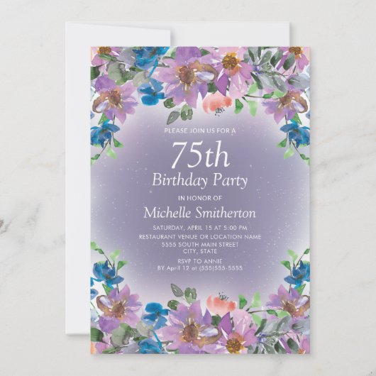 Invitation 75e anniversaire des femmes florales bleu violet (Devant)