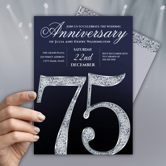 Invitation 75e Anniversaire Diamant Argent Bleu Marine Modern