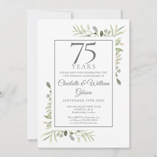 Invitation 75e anniversaire du Mariage Aquarelle Verdure (Devant)