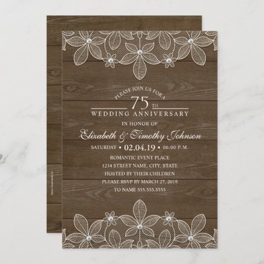 Invitation 75e anniversaire du Mariage Dentelle rustique en b (Devant / Derrière)