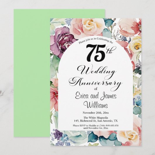Invitation 75e anniversaire du Mariage Élégant script floral (Devant / Derrière)