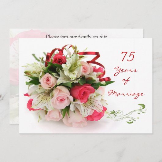 Invitation 75e anniversaire du Mariage. Rose et lys (Devant / Derrière)