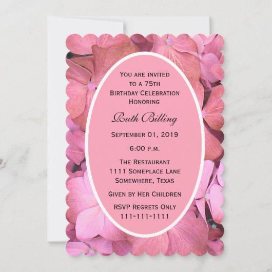 Invitation 75e anniversaire fête Pink Scalloped Hydrangeas (Devant)