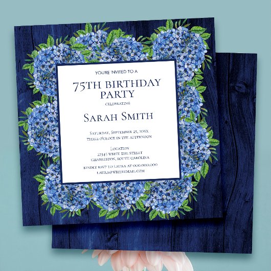 Invitation 75e Anniversaire Fête Rustique Bois Hydrangeas Ble