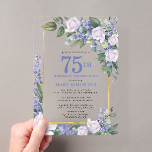 Invitation 75e anniversaire Fleurs Bleu Blanc Or