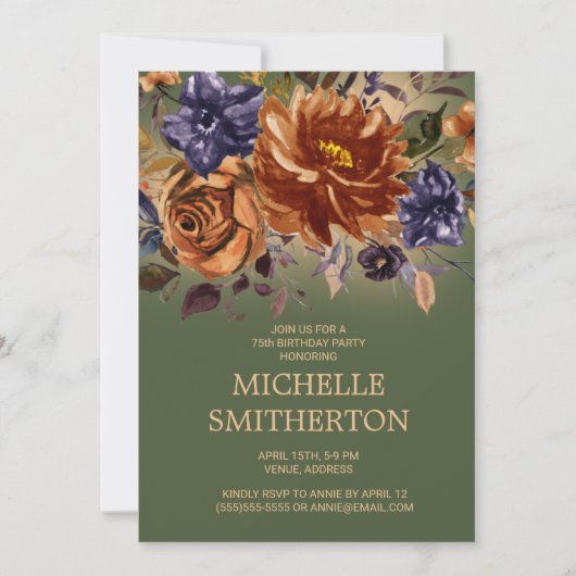 Invitation 75e anniversaire Fleurs Bleu Marine Rou (Devant)