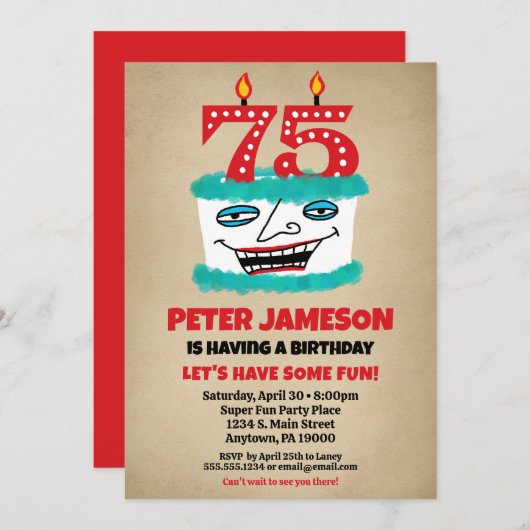 Invitation 75e anniversaire Funny Cake Mens Décont (Devant / Derrière)