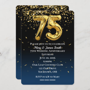 Invitation 75e anniversaire Gold Balloons & Confetti Invitati