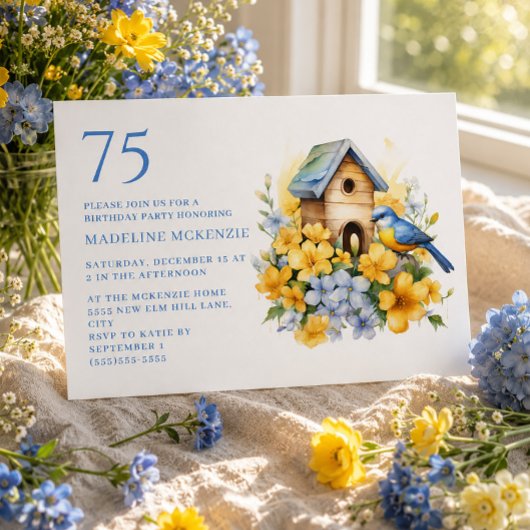 Invitation 75e anniversaire Maison d'oiseau Fleurs