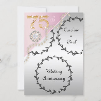 Invitation 75e anniversaire Mariage Embossed Silver Rose or