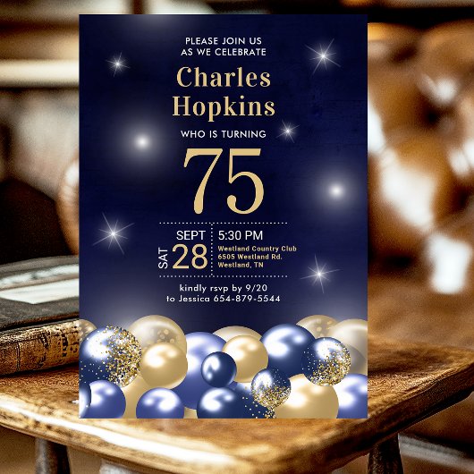 Invitation 75e Anniversaire Marine Bleu Ballons d'or