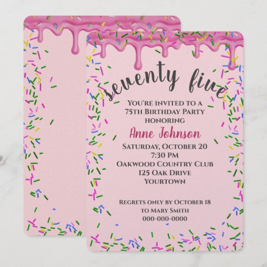 Invitation 75e Anniversaire Pink Icing Et Sprinkles (Devant / Derrière)