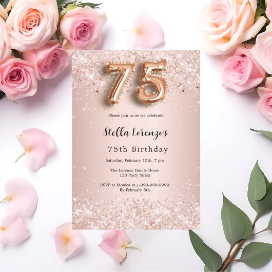 Invitation 75e anniversaire rose confetti rose or