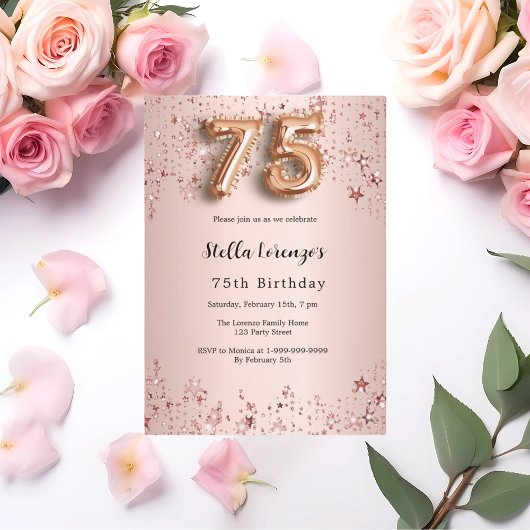 Invitation 75e anniversaire rose étoiles rose or