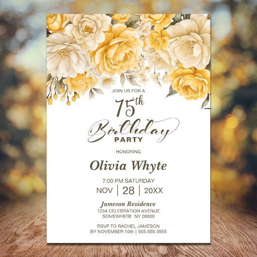 Invitation 75e anniversaire Rose jaune fête florale