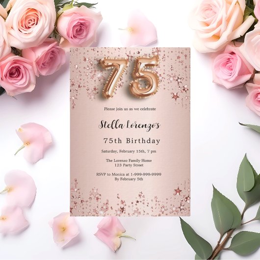 Invitation 75e anniversaire rose or rose étoiles luxe