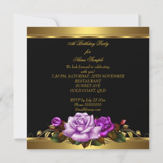 Invitation 75e anniversaire Roses violet or noir (Dos)