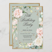 Invitation 75e anniversaire Sage Vert or Aquarelle Floral (Devant / Derrière)