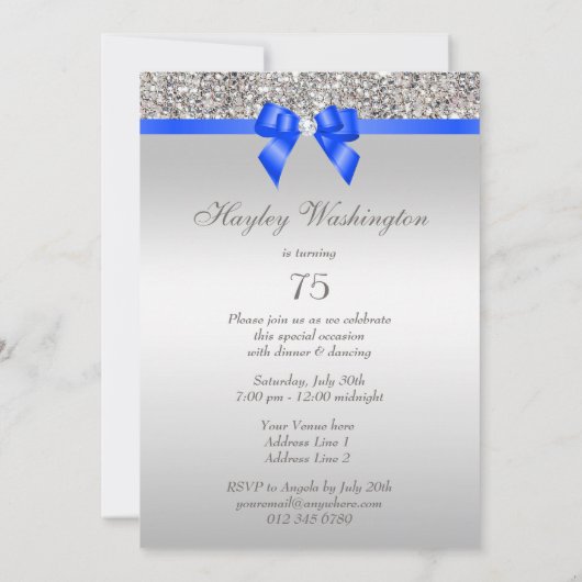 Invitation 75e anniversaire Séquin d'argent Royal Blue Bow Di (Dos)