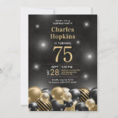 Invitation 75e anniversaire Surprise Party Black Gold Ballons (Devant)