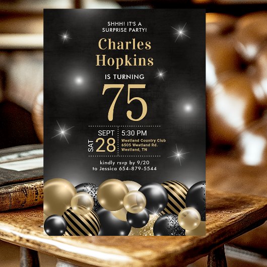 Invitation 75e anniversaire Surprise Party Black Gold Ballons