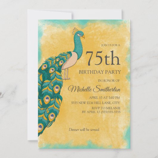 Invitation 75e anniversaire Turquoise Aquarelle jaune Peacock (Devant)